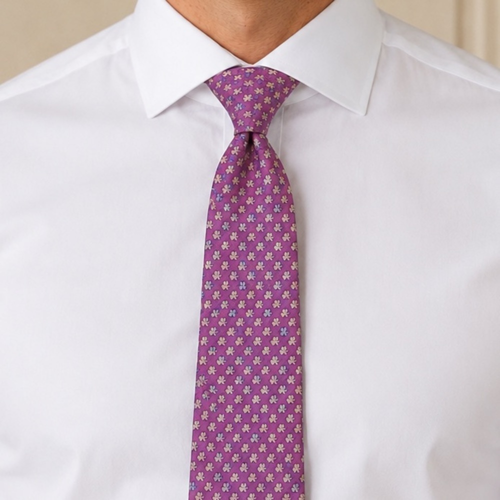 Salvatore Ferragamo Purple Silk Tie w/ Clover and Elephant Motif